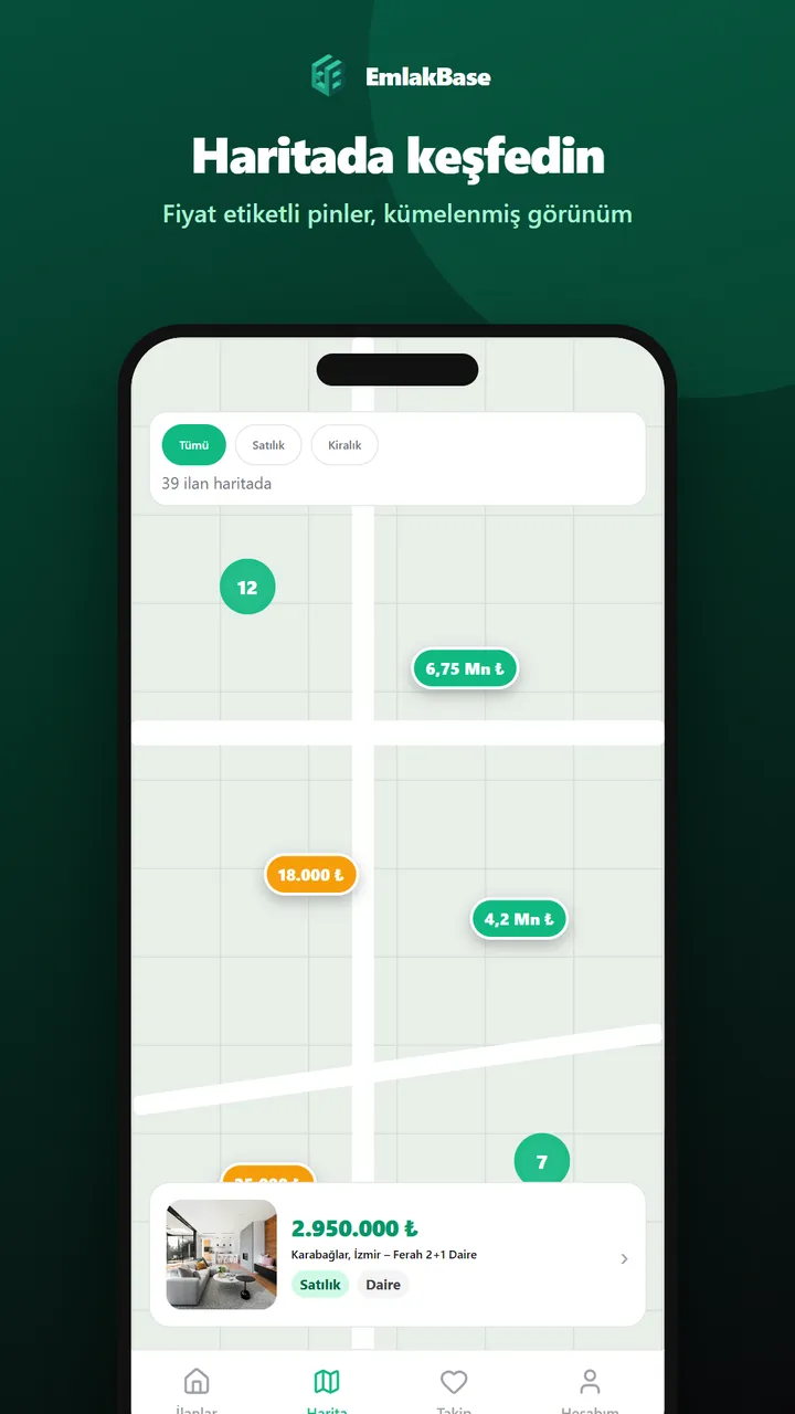 EmlakBase harita ile arama ekranı