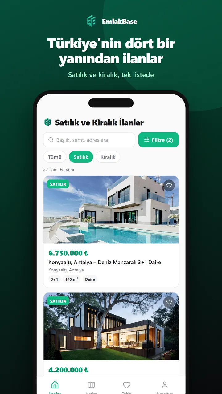EmlakBase ilan listesi ekranı