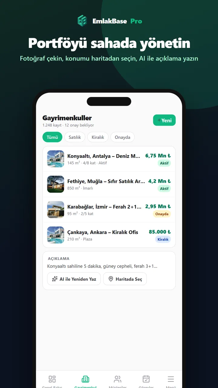 EmlakBase Pro gayrimenkul listesi